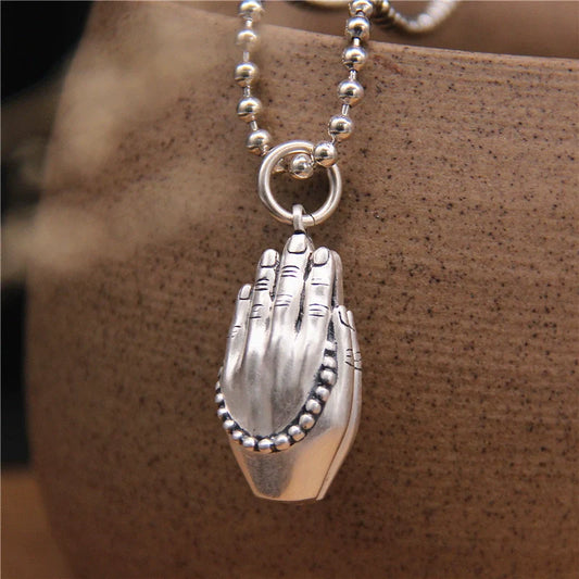 Chanting sutras and praying for peace pendant, full silver S990, close your hands tightly and sincerely worship the body-protecting Buddha hand bead pendant. - Touch Bling