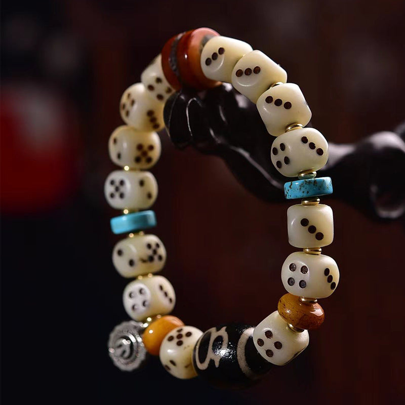 Natural Camel Bone Carved Dice Bracelet – Tibetan Style Vintage Unisex Bracelet - Touch Bling