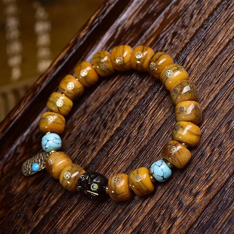 Tibetan-Style Old Copper Swastika Inlay Yak Bone Bracelet – Traditional Handcrafted Design - Touch Bling