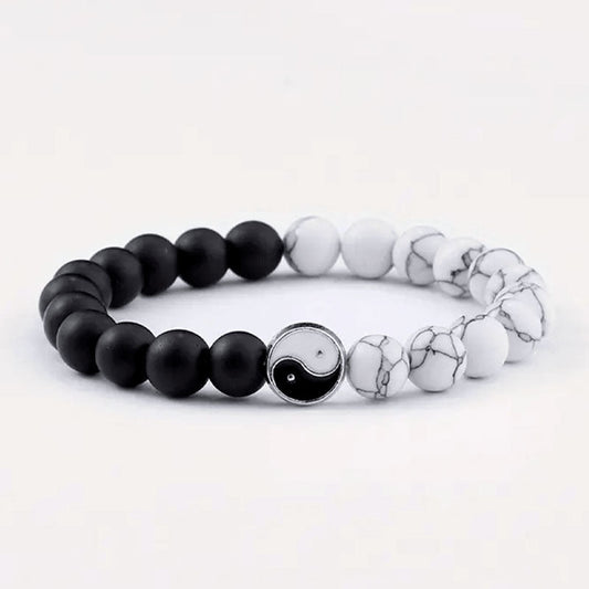 Tai Chi Yin Yang White Turquoise Bracelet Matte Black Handmade Beaded Bracelet - Touch Bling