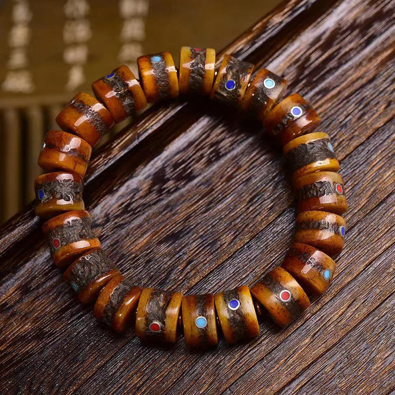 Tibetan Yak Bone Bracelet with Gemstone Inlays – Handcrafted Tibetan-Style Bracelet - Touch Bling