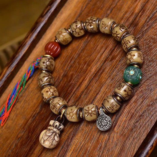 Tibetan Antique Silver Inlaid Camel Bone Bracelet – Handcrafted Tibetan-Style Beaded Bracelet - Touch Bling