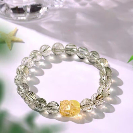 Natural Green Rutilated Quartz Crystal Bracelet with Pixiu - Touch Bling
