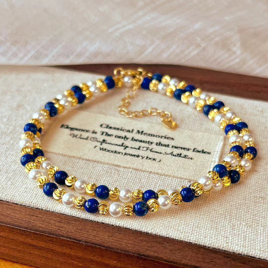 Vintage Natural Lapis Lazuli Pearl Necklace Multi-layer Collarbone Chain Necklace - Touch Bling