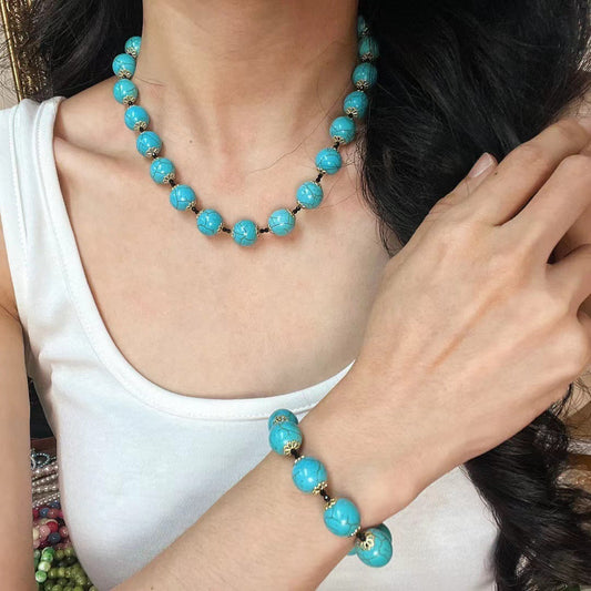 Vintage Artificial Turquoise Clavicle Chain Necklace Turquoise Bracelet Gemstone Jewelry Set for Women - Touch Bling