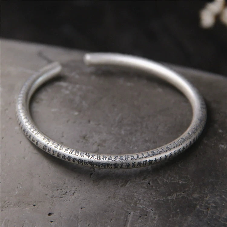 S999 Sterling Silver Retro Style Bracelet Men's Pure Silver Heart Meridian Open Bracelet - Touch Bling
