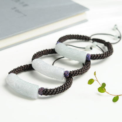 Natural Myanmar Grade A Jade Curved Bar Bracelet – Handmade with Good Fortune and Longevity Carvings - Touch Bling