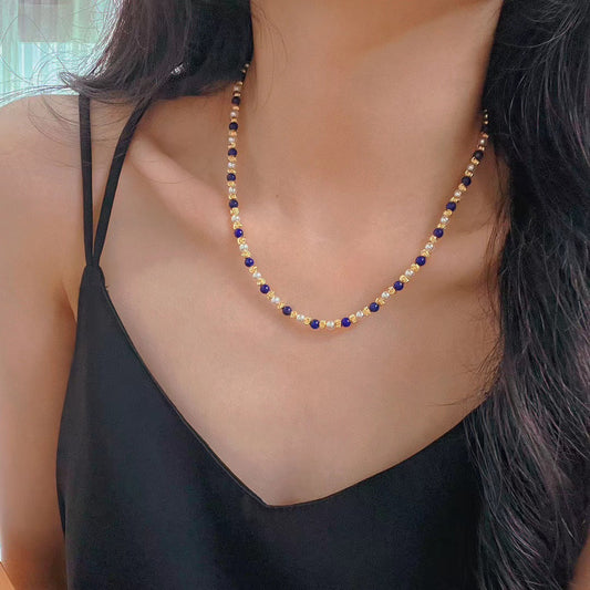 Vintage Natural Lapis Lazuli Pearl Necklace Multi-layer Collarbone Chain Necklace - Touch Bling