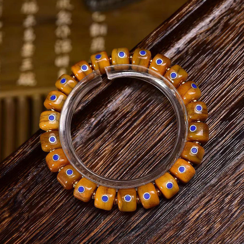 Tibetan Old Silver and Lapis Lazuli Inlaid Bracelet with Small Tangka Pendant – Tibetan Yak Bone Bracelet - Touch Bling