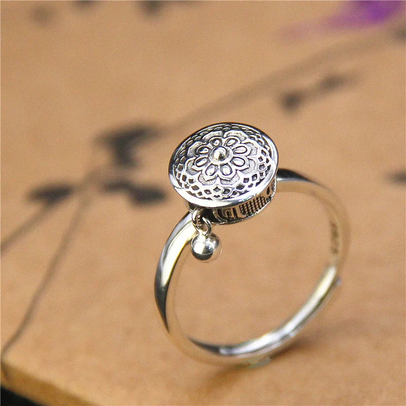 Six-Character Prayer Wheel Mantra Ring S925 Silver Jewelry Opening Adjustable - Touch Bling