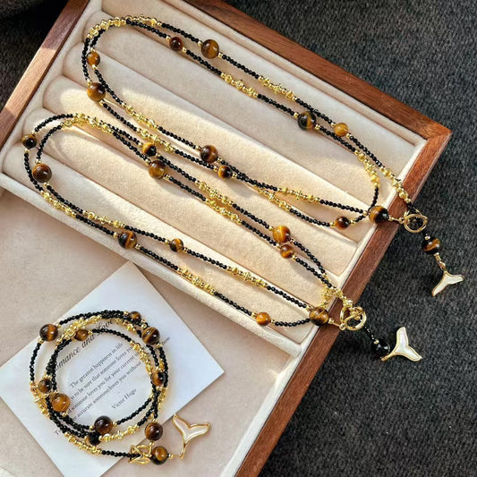 Vintage Natural Tiger's Eye Stone Artificial Crystal Pearl Necklace Clavicle Chain Necklace - Touch Bling