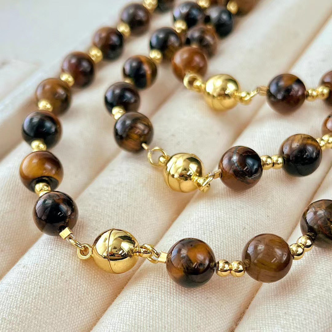 Vintage Boutique 8mm Maillard Style Natural Tiger's Eye Stone Clavicle Chain Necklace - Touch Bling