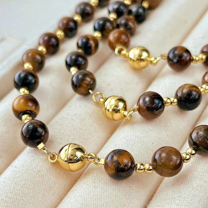 Vintage Boutique 8mm Maillard Style Natural Tiger's Eye Stone Clavicle Chain Necklace - Touch Bling