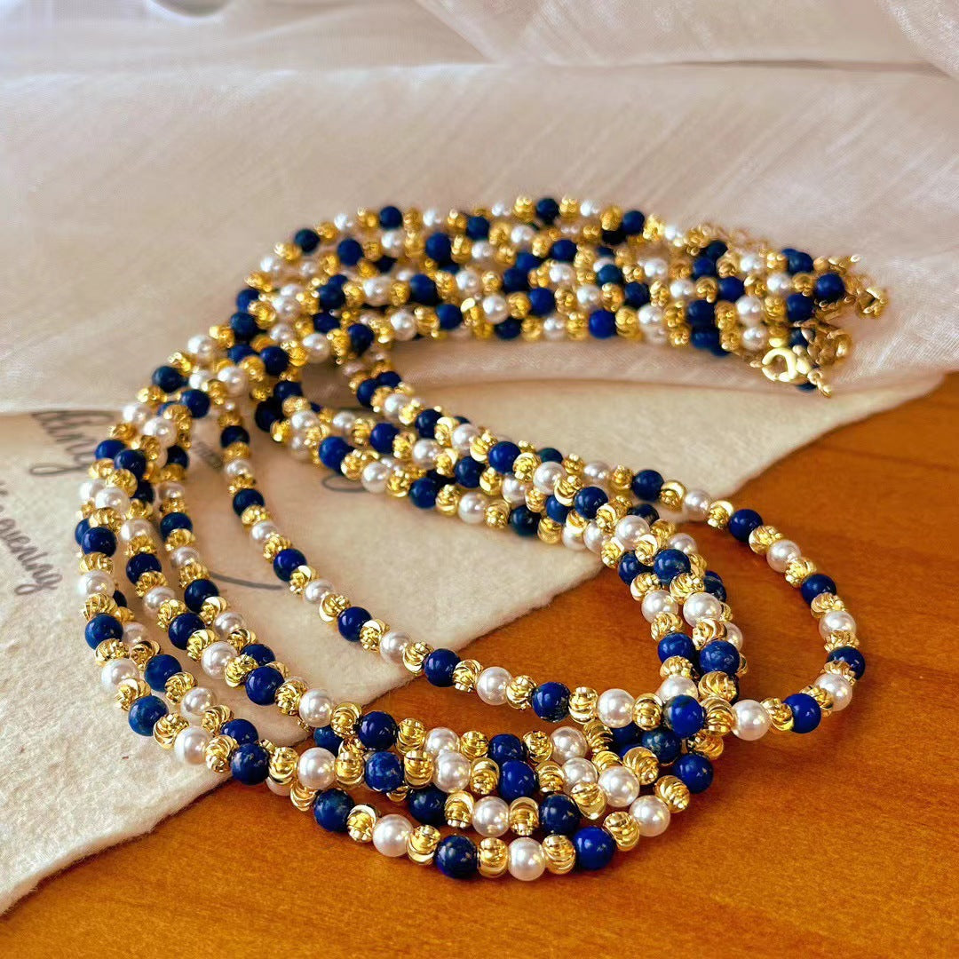 Vintage Natural Lapis Lazuli Pearl Necklace Multi-layer Collarbone Chain Necklace - Touch Bling