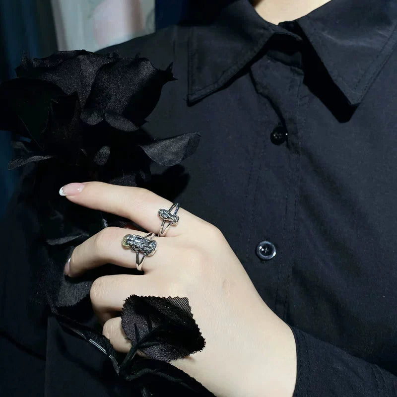 Vintage Lucky Bite Coin Pixiu Ring S925 Silver, Men's Lucky Ring, Opening Design - Touch Bling