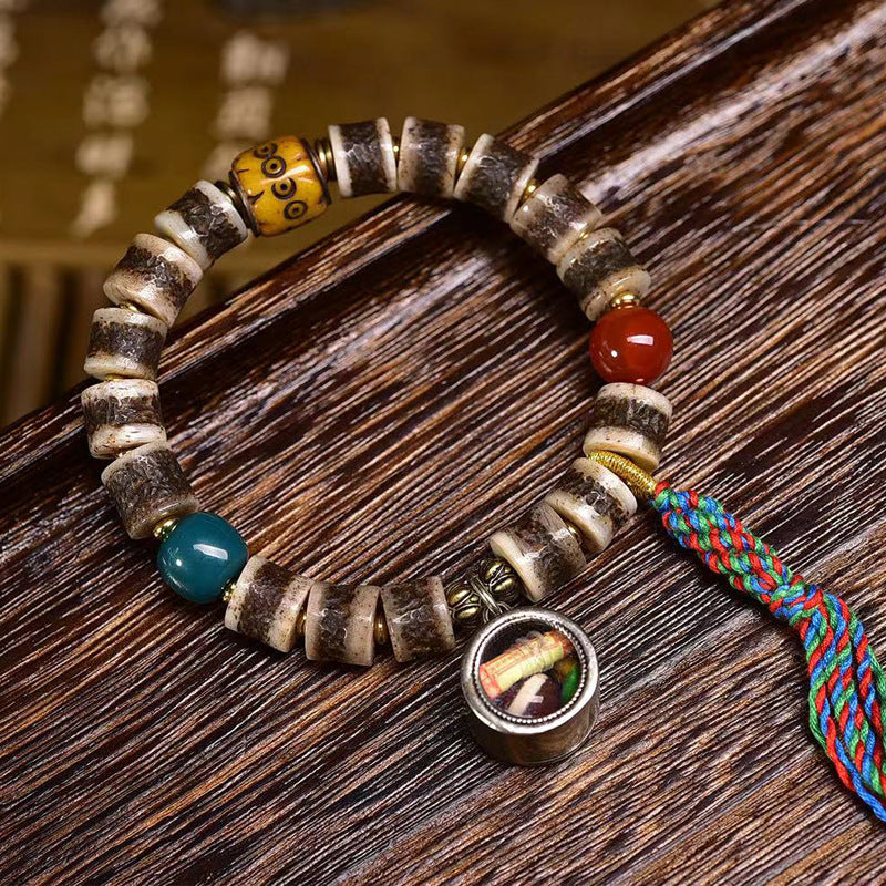 Tibetan Yak Bone Bracelet with Agate Dzi Beads & Snow Baga Beads – Handcrafted Tibetan-Style Bracelet - Touch Bling
