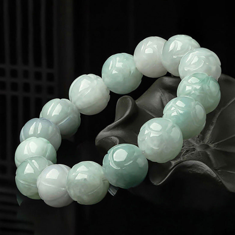 Natural Myanmar A-Grade Jadeite Lotus Bead Bracelet – Elegant Lotus Flower Design - Touch Bling