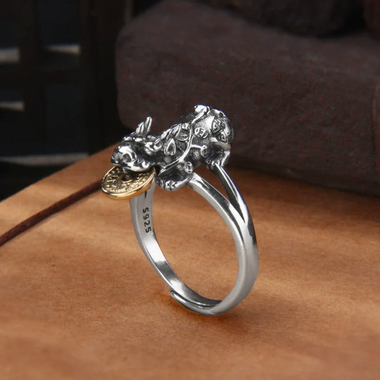 Vintage Lucky Bite Coin Pixiu Ring S925 Silver, Men's Lucky Ring, Opening Design - Touch Bling