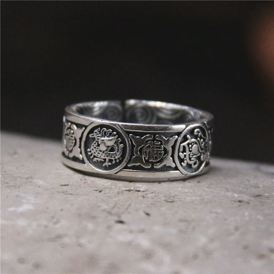 Handmade Sliver Ring Retro and Old Lucky Character Four Divine Beast Ring - Touch Bling