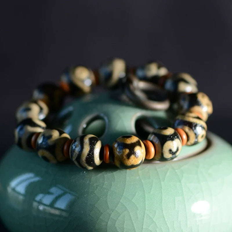 Dallow Dzi Bead Bracelet Tibetan Old Agate Round Beads High Oil Weathered 14mm Men's - Touch Bling