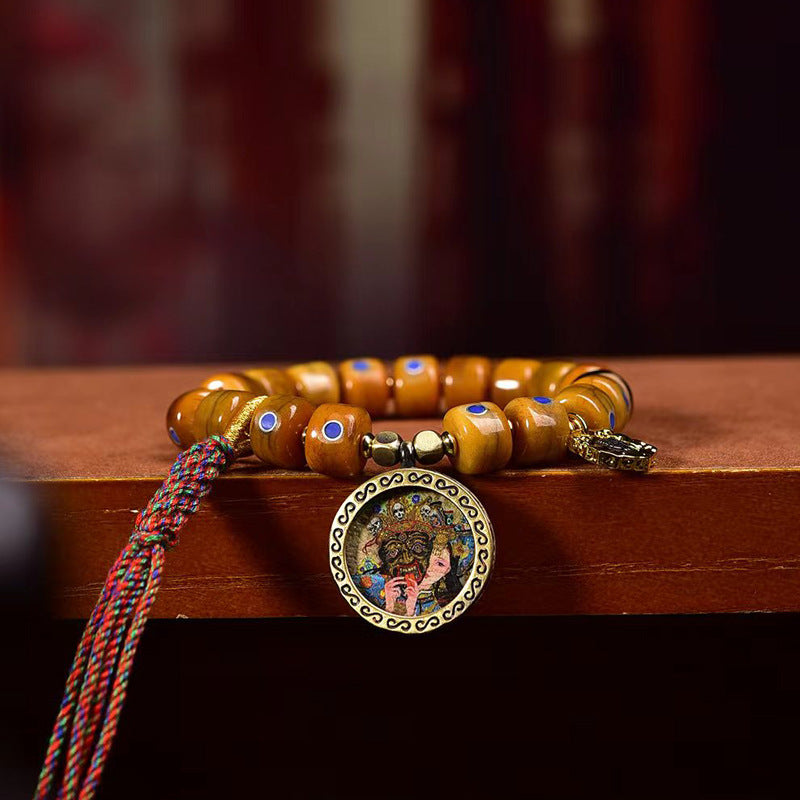 Tibetan Old Silver and Lapis Lazuli Inlaid Bracelet with Small Tangka Pendant – Tibetan Yak Bone Bracelet - Touch Bling