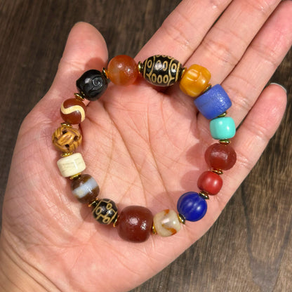 Tibetan Natural Agate Multicolored  Bead Bracelet