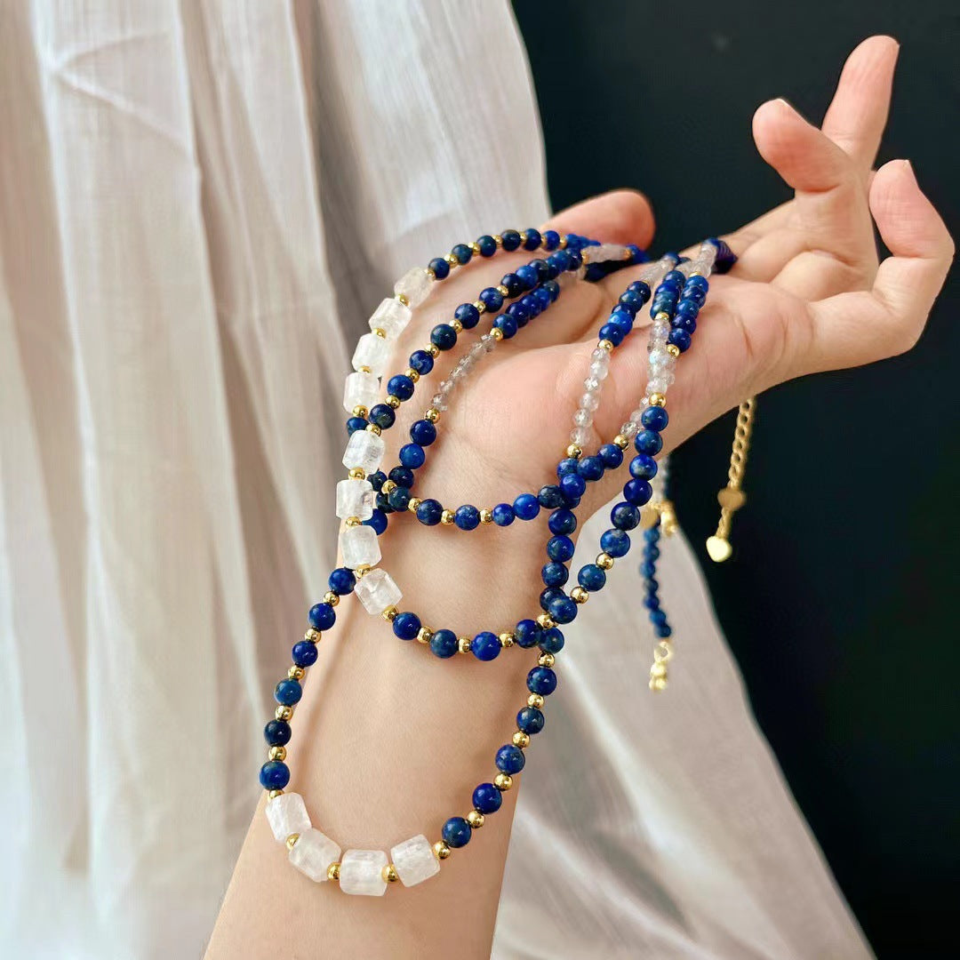 Vintage Natural Lapis Lazuli Necklace White Crystal Gray Moonstone Clavicle Chain Necklace - Touch Bling