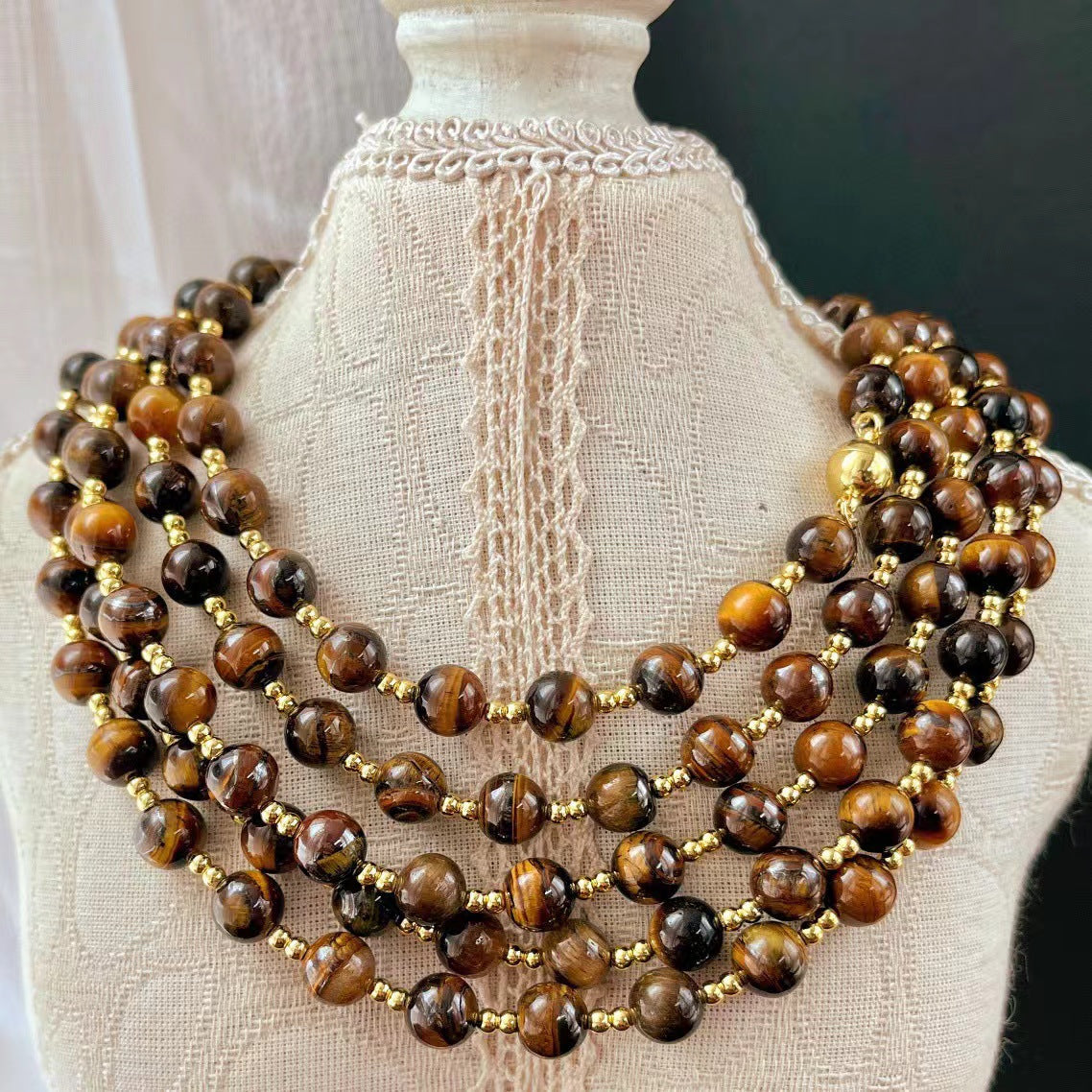 Vintage Boutique 8mm Maillard Style Natural Tiger's Eye Stone Clavicle Chain Necklace - Touch Bling