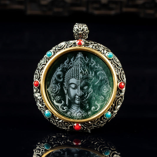 Natural A-Grade Jadeite "One Thought" Tibetan Silver Prayer Wheel Pendant – High Ice Jadeite with Vintage Silver Inlay - Touch Bling