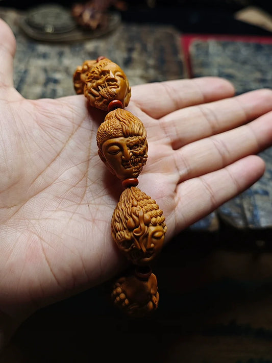 Pulsera de Buda con cuentas de hueso de olivo talladas con Buda y demonio para meditación