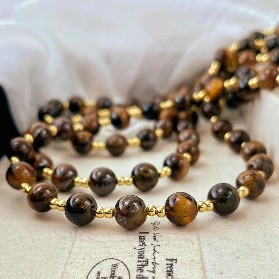 Vintage Boutique 8mm Maillard Style Natural Tiger's Eye Stone Clavicle Chain Necklace - Touch Bling