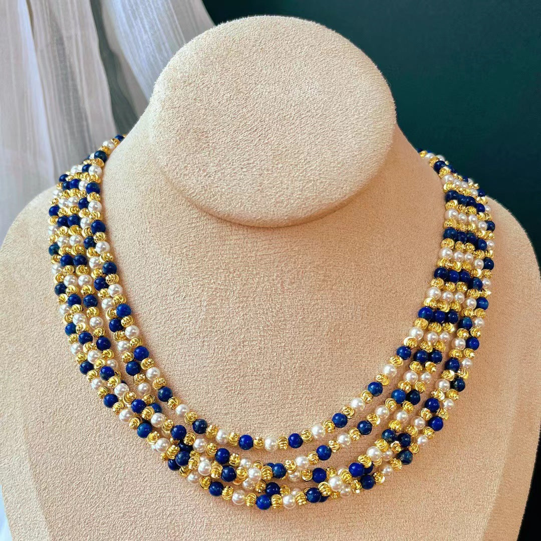 Vintage Natural Lapis Lazuli Pearl Necklace Multi-layer Collarbone Chain Necklace - Touch Bling