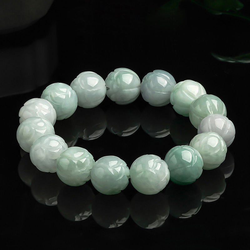 Natural Myanmar A-Grade Jadeite Lotus Bead Bracelet – Elegant Lotus Flower Design - Touch Bling