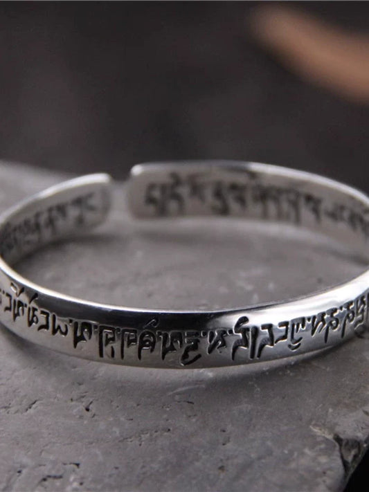 S925 Sterling Silver Six-character Mantra Open Bracelet, Retro Sanskrit Solid Men's and Women's Bracelets - Touch Bling
