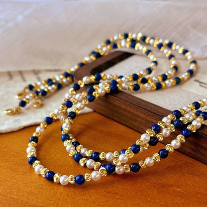 Vintage Natural Lapis Lazuli Pearl Necklace Multi-layer Collarbone Chain Necklace - Touch Bling