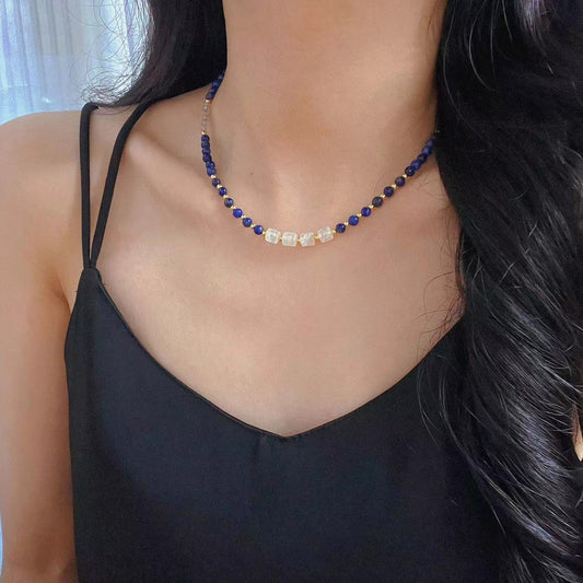 Vintage Natural Lapis Lazuli Necklace White Crystal Gray Moonstone Clavicle Chain Necklace - Touch Bling