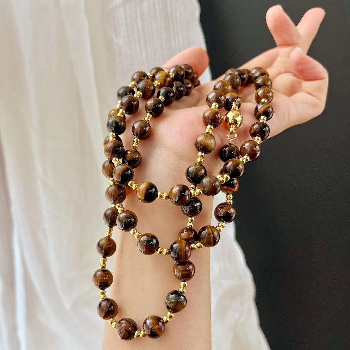 Vintage Boutique 8mm Maillard Style Natural Tiger's Eye Stone Clavicle Chain Necklace - Touch Bling