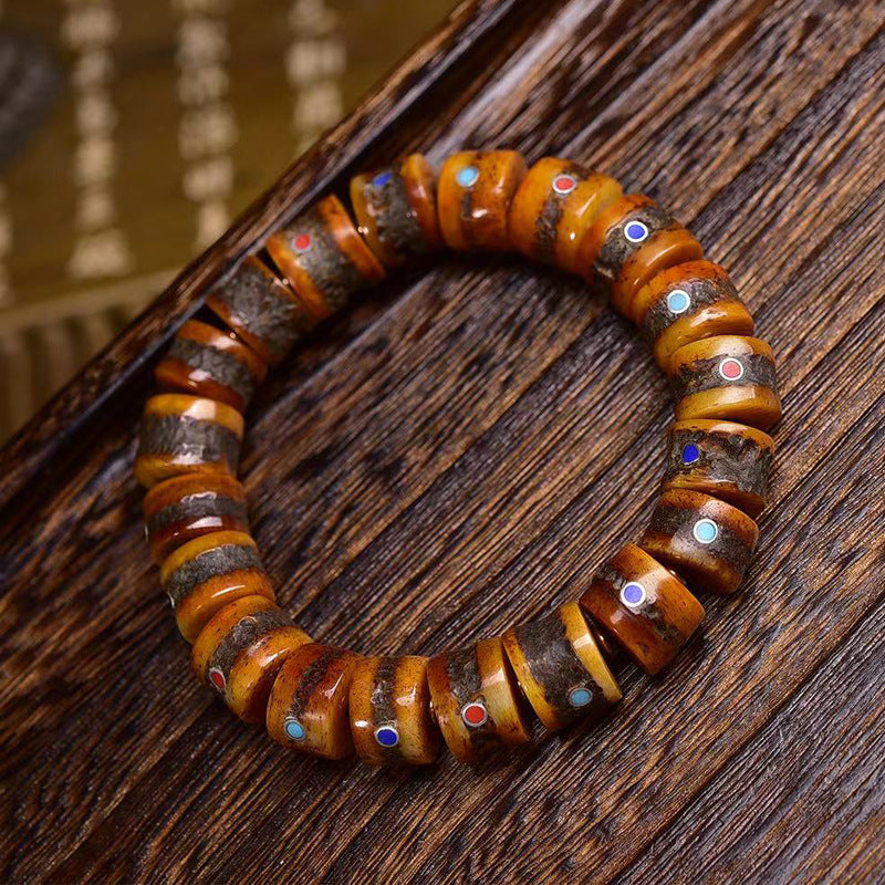 Tibetan Yak Bone Bracelet with Gemstone Inlays – Handcrafted Tibetan-Style Bracelet - Touch Bling