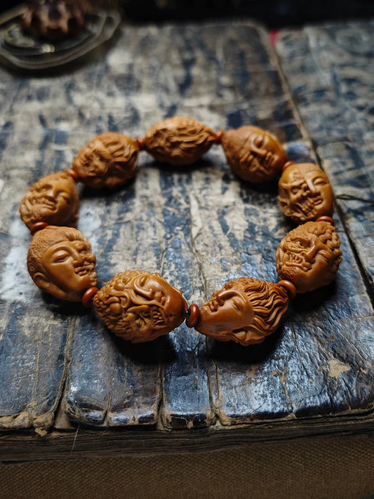 Pulsera de Buda con cuentas de hueso de olivo talladas con Buda y demonio para meditación