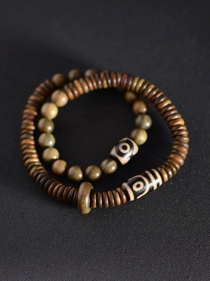 Green Sandalwood Tibetan Dzi Bead Charm Bracelet Prayer Beads