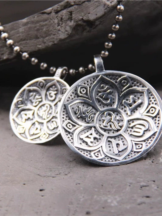 S925 Sterling Silver Retro Six-character Mantra Tag Safe Round Tag Pendant - Touch Bling