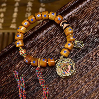 Tibetan Old Silver and Lapis Lazuli Inlaid Bracelet with Small Tangka Pendant – Tibetan Yak Bone Bracelet - Touch Bling