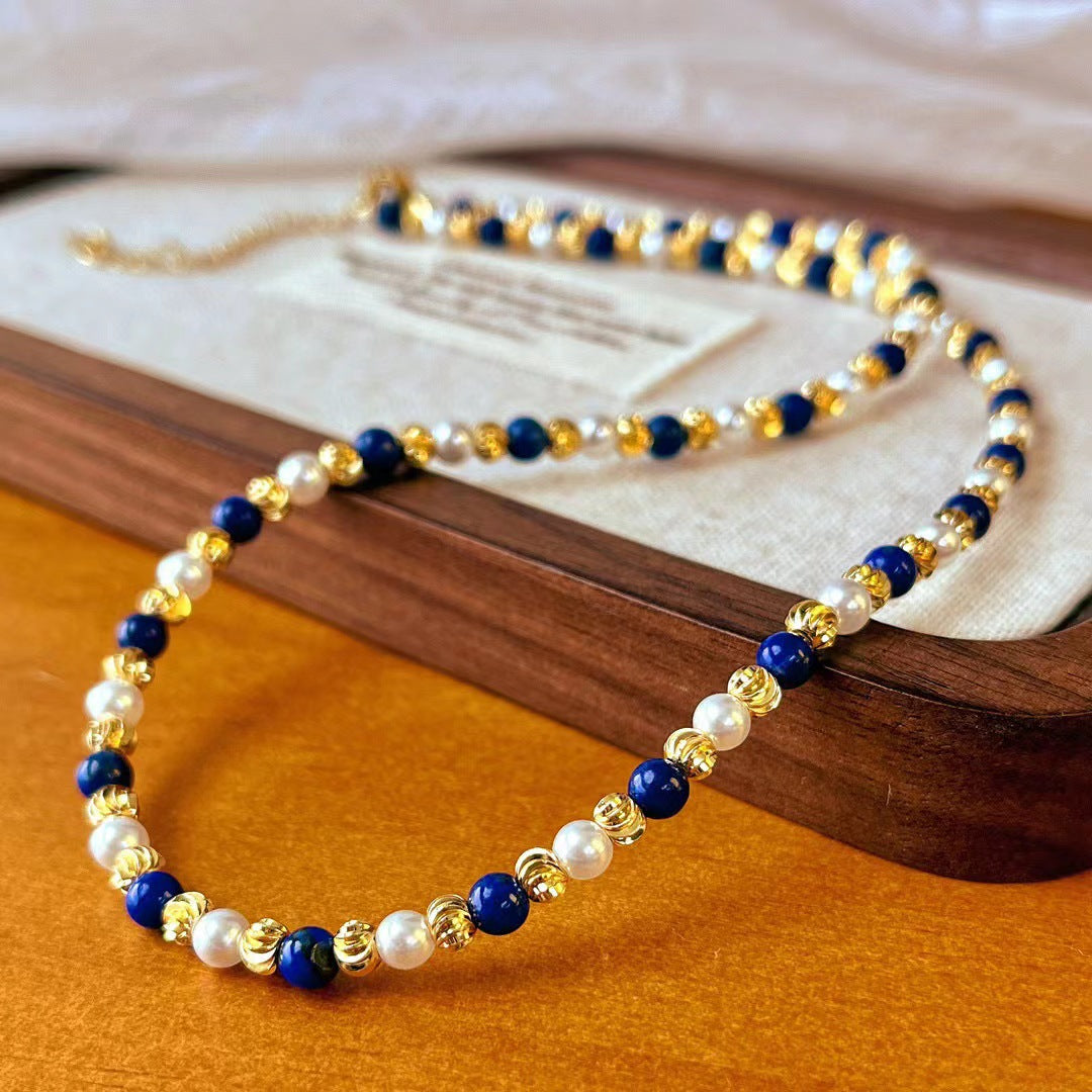 Vintage Natural Lapis Lazuli Pearl Necklace Multi-layer Collarbone Chain Necklace - Touch Bling