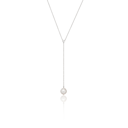 Silver Single Diamond Style Pearl Lariat Necklace