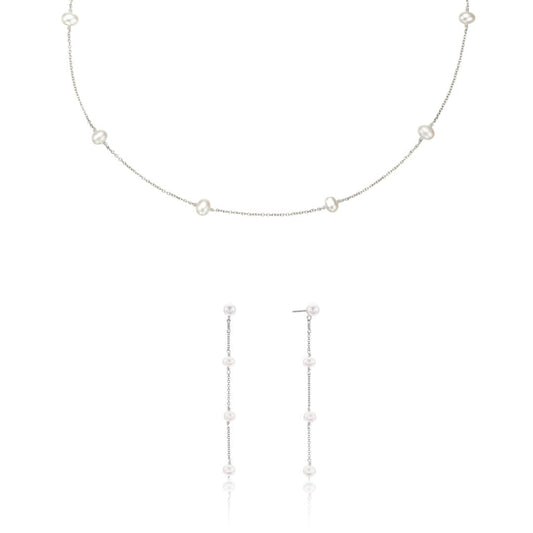 Silver Four Pearl Drop Earrings and Ten Pearl Choker Gift Set