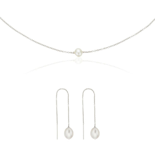 Silver Large Pearl Drop Ear Threaders and Single Pearl Choker Gift Set