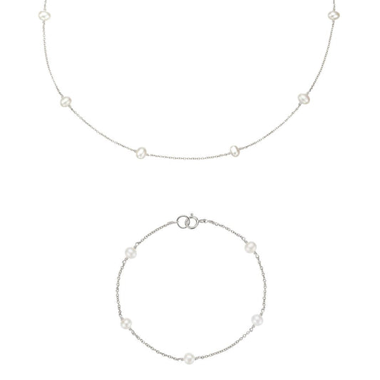 Solid White Gold Ten Pearl Choker and Five Pearl Bracelet Gift Set