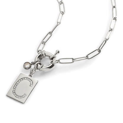 Pave Initial Pendant Necklace with Paperclip Chain