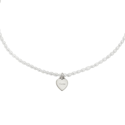 Collar de corazón con perla de semilla de plata grabada