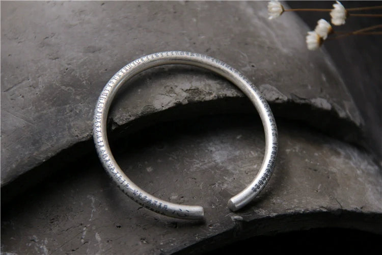 S999 Sterling Silver Retro Style Bracelet Men's Pure Silver Heart Meridian Open Bracelet - Touch Bling